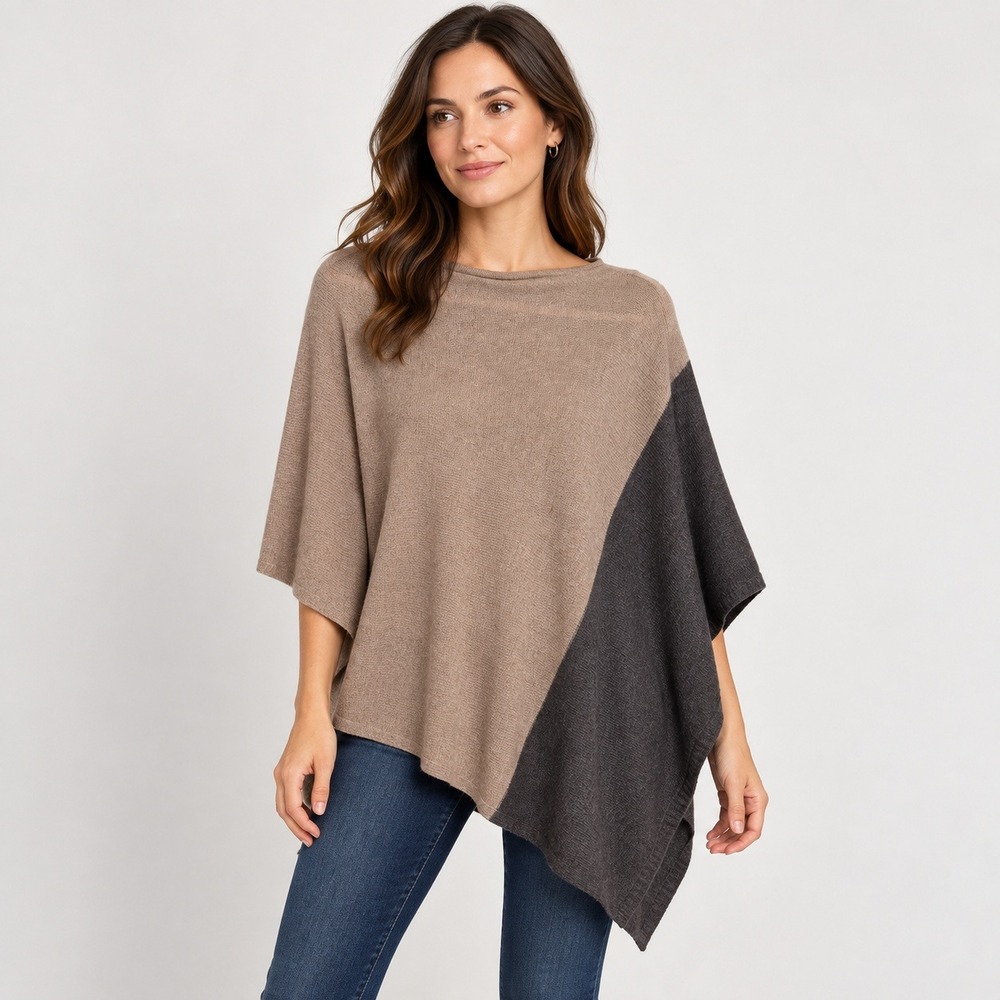 Celeste Wool Cashmere Linen Poncho Brown Colorblock Asymmetrical Wrap